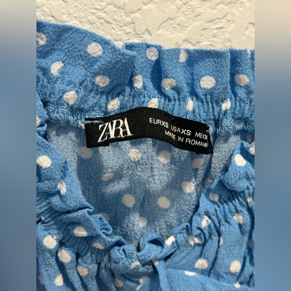 ZARA Blue White Polka Dot ruched bodycon ruffle bubble sleeve mini Dress - Picture 4 of 5